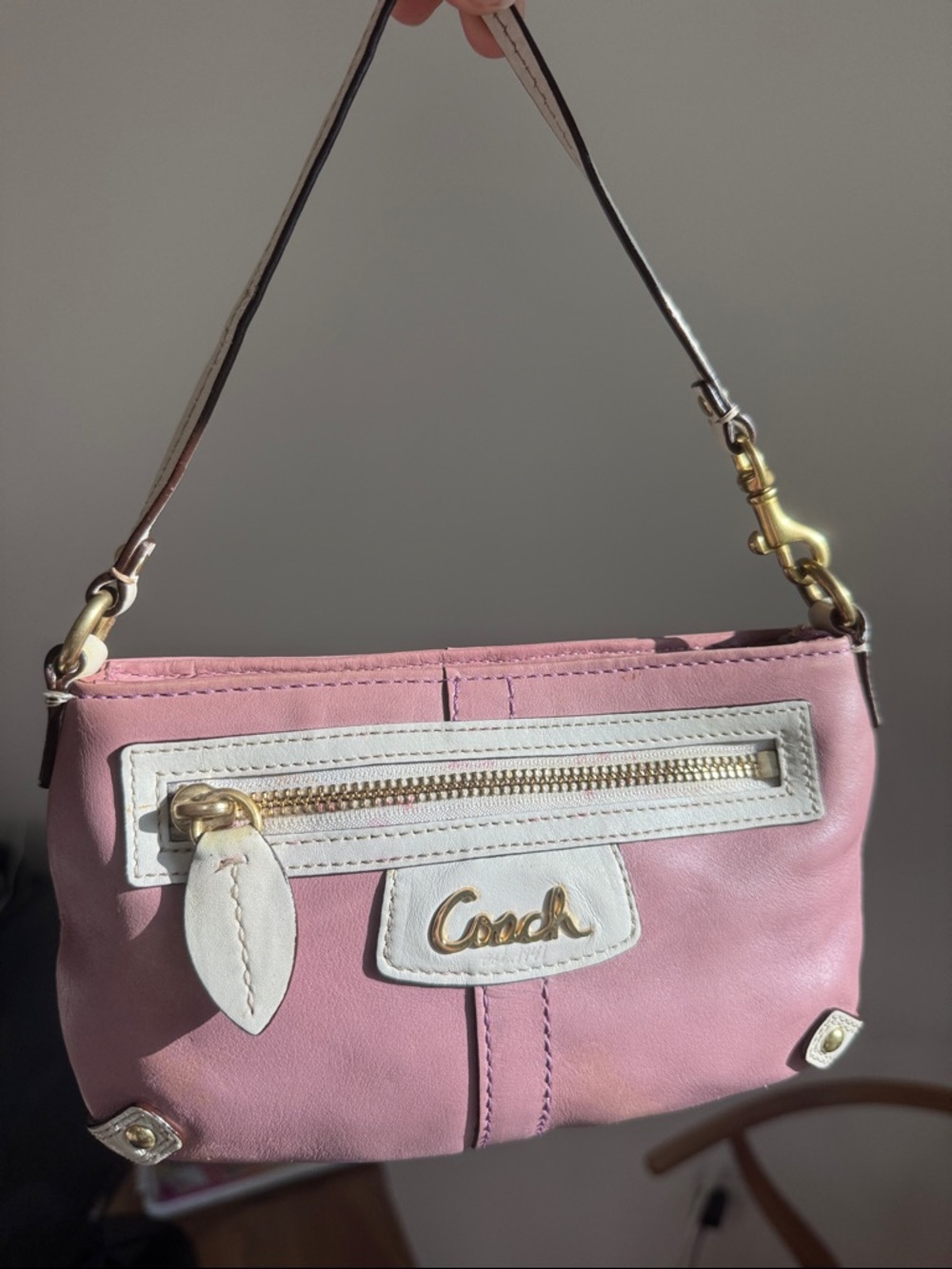 Vintage Coach Y2K Pink Leather Mini Shoulder Bag White Trim Baguette Purse Rare
